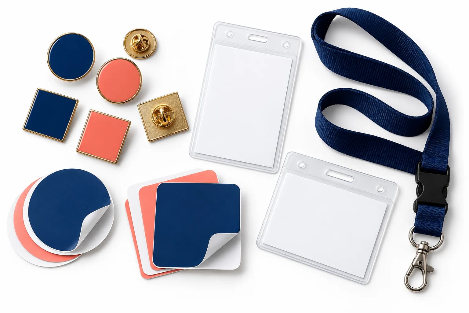 Illustrative magnets stickers and badges merchandise arrangement